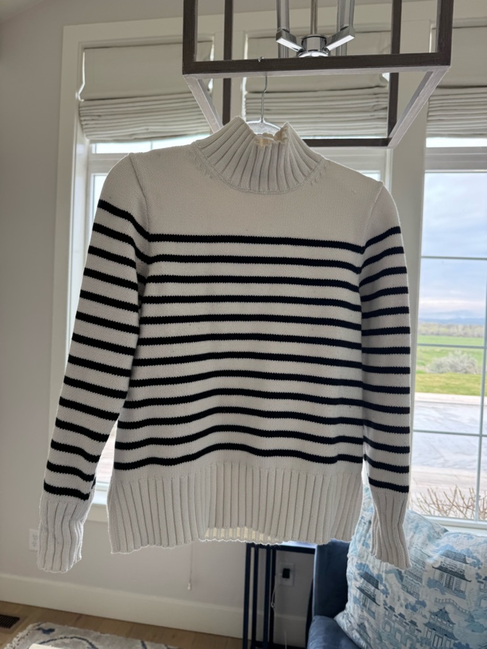 J. Crew White and Black Striped Turtleneck Sweater